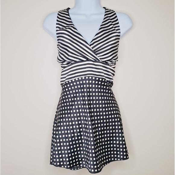 MKM Designs Dresses & Skirts - Vtg Preppy Y2K‎ Babydoll Halter Dress Satin Polkadot Stripe Retro Graphic Sz M